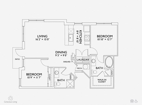 Floor plan for 2 beds, 2 baths, 1154 sqft
